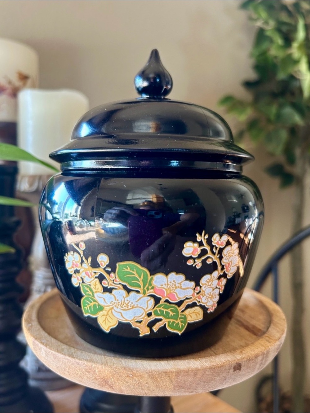 Vintage Black Amethyst Glass Jar By Avon Cherry Blossom Floral Pattern.